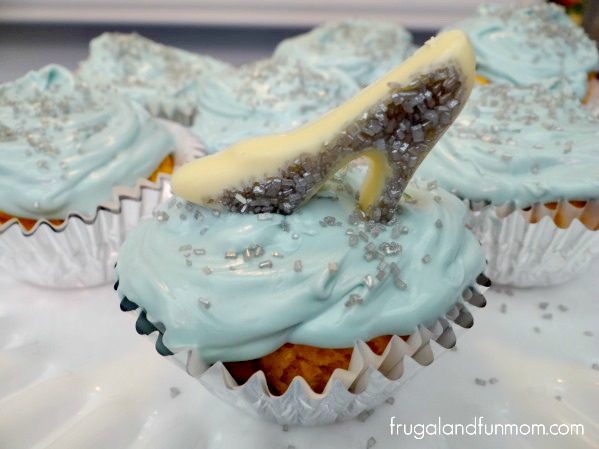 Disney Cinderella Inspired Glass Slipper White Chocolate Candies on a cupcake