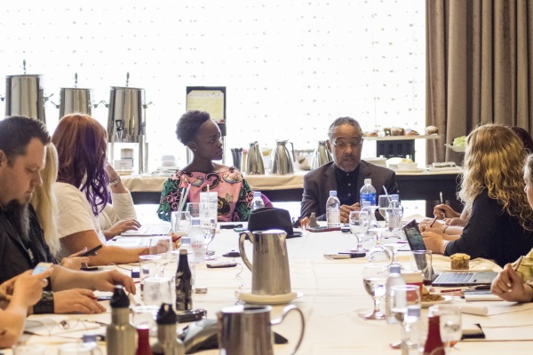 BEVERLY HILLS - APRIL 04 - Actress Lupita Nyong'o & Giancarlo Esposito during the "The Jungle Book" press junket at the Beverly Hilton on April 4, 2016 in Beverly Hills, California. (Photo by Becky Fry/My Sparkling Life for Disney)